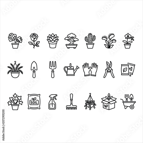 Set of gardening icons, including plants, flowers, and tools for planting and maintenance