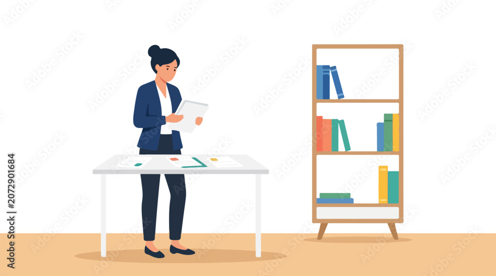 Fototapeta premium A professional woman in a navy suit stands at a desk reviewing documents in a minimalist office setting with a bookshelf nearby.