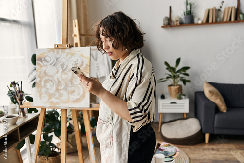 Εκτύπωση καμβά A young woman with curly hair paints, immersed in the cozy ambiance of her apartment