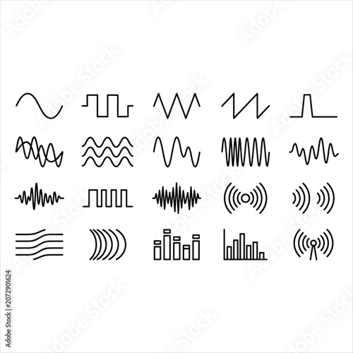 Set of wave icons, sound and signal frequency symbols, vector illustration