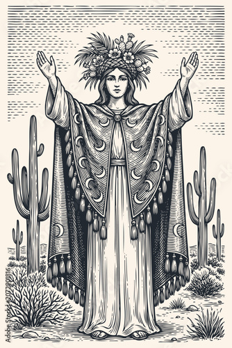 Vector engraving illustration of a mystical priestess raising hands in a cactus desert. Vintage monochrome graphic of a pagan goddess in a moon cloak.