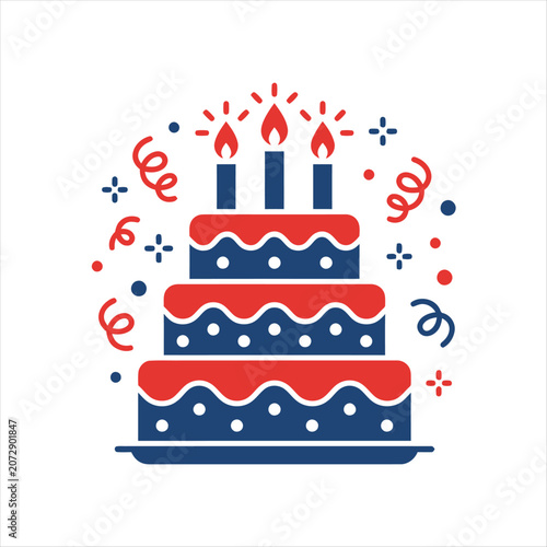 Threetiered birthday cake with candles and confetti