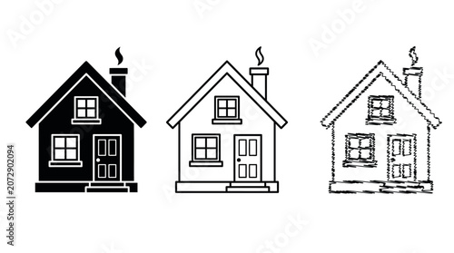 Three different line art house icons in black and white editable stroke