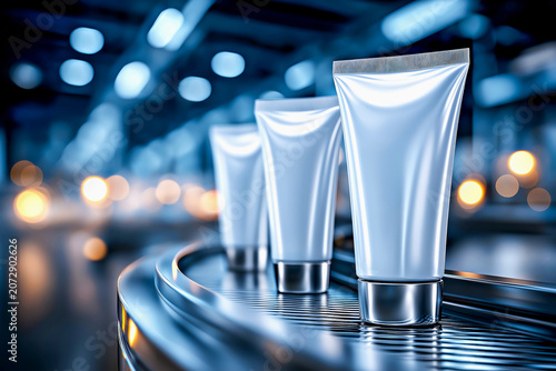 Plastic industry. Beauty industry. Three white cosmetic tubes positioned on conveyor belt in modern production facility, with blurred background featuring industrial lighting and machinery elements