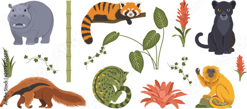 Canvas Print Cute Wild Animal Vector Character Set with Hippo, Red Panda, Black Panther, Ante