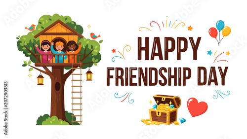 Bild auf Leinwand Happy Friendship Day Illustration: Children of diverse backgrounds celebrate Friendship Day from a treehouse