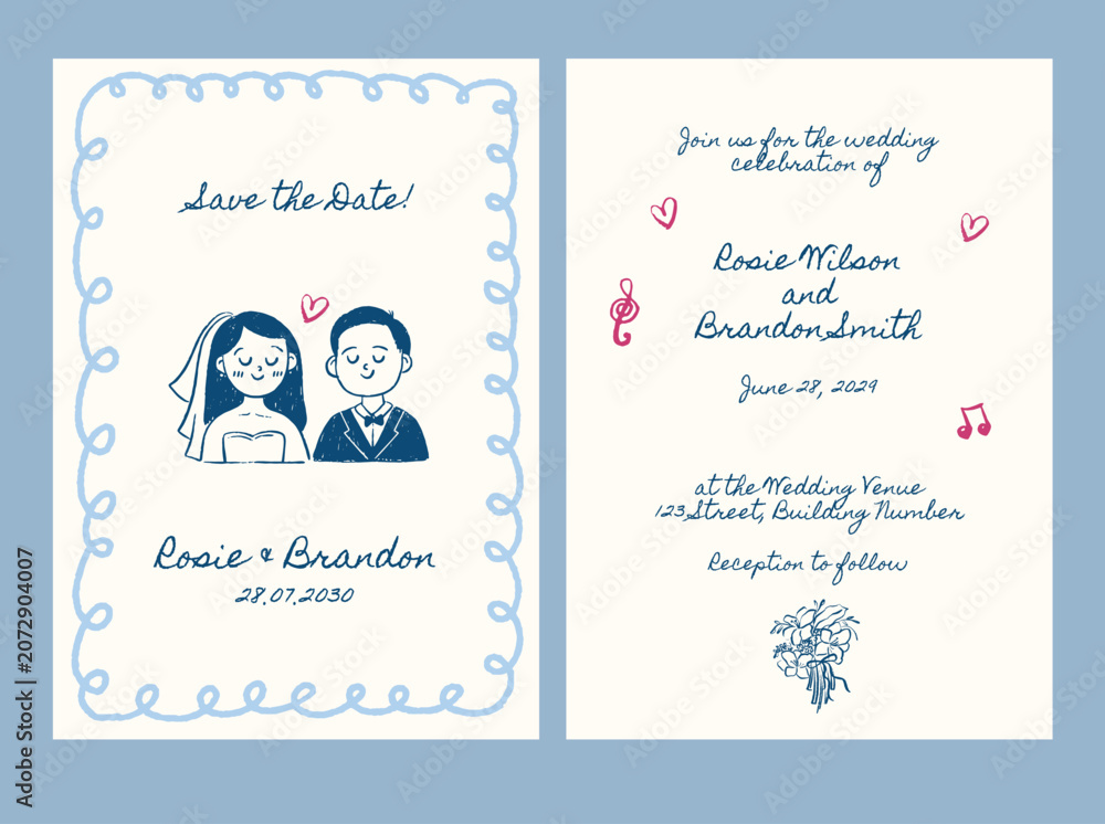 Obraz premium Hand drawn whimsical wedding invitation card set with lovely cartoon couple