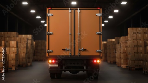 Rear view of orange delivery truck inside a dark logistics warehouse with cardboard box
