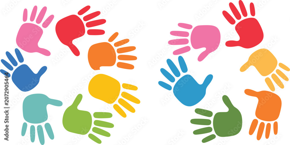 Fototapeta premium Colorful kids handprints circles for community teamwork and unity, isolated children vector illustration