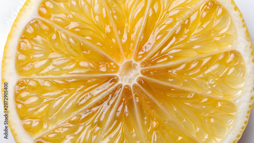 Direct Top Down Overhead Macro View of a Bright Lemon Slice Showing Detailed Pulp Texture Citrus Fruit Fresh Food Photography Vibrant Yellow Background High Resolution Asset