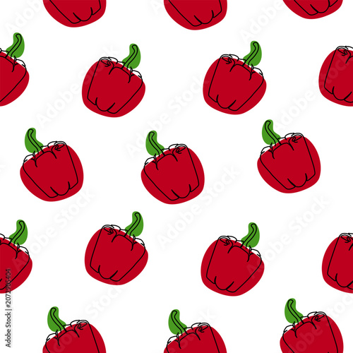 One line style free hand drawing seamless pattern |  Red pepper line art background repeating pattern
