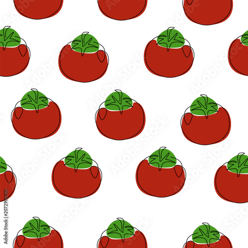 One line style free hand drawing seamless pattern | Red Tomato line art background repeating pattern