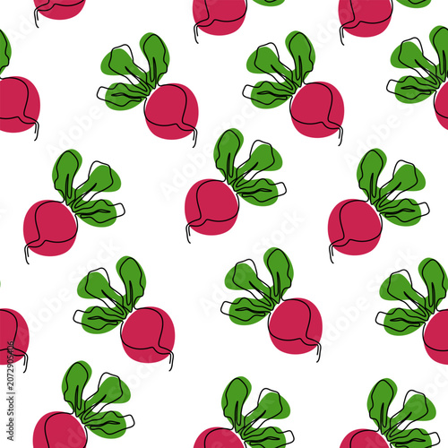One line style free hand drawing seamless pattern |  Red radish line art background repeating pattern