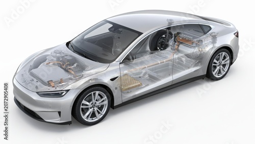 Cutaway view of modern electric vehicle showing internal components and drivetrain isolated on white background