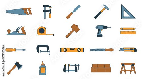 Obraz na płótnie Woodworking Tools Collection: Saw, Hammer, Drill, Clamp, Axe Icons