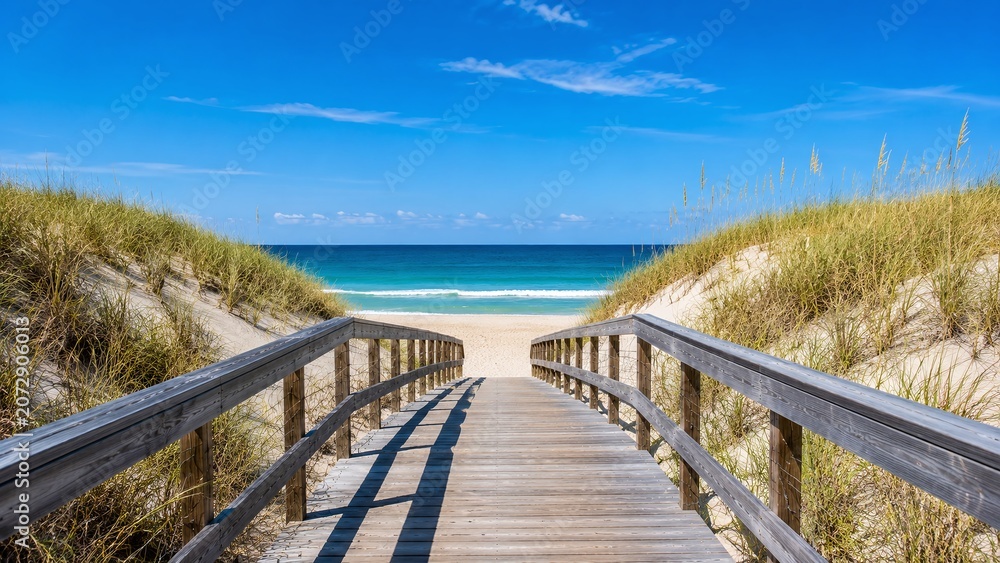 Obraz premium Wooden boardwalk through coastal sand dunes leading to turquoise beach and blue sky
