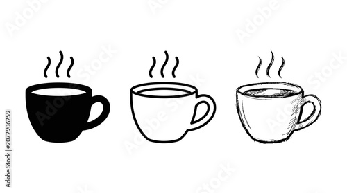 Three steaming coffee cups in different line art styles and colors editable stroke