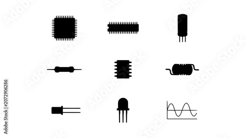 Electronic Components Including Resistors, Capacitors, Transistors, and Integrated Circuits in Black and White