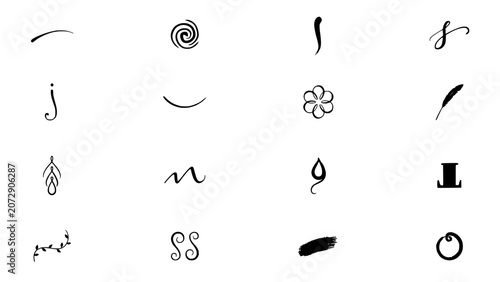 Calligraphy Stroke Set with Ornamental Swirls and Ink Flourish Icons for Elegant Typography Design Concepts