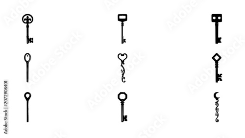 Keys Collection Arranged on Grid with Old Fashioned Metallic Shapes, Decorative Victorian Style and Minimal Monochrome Design