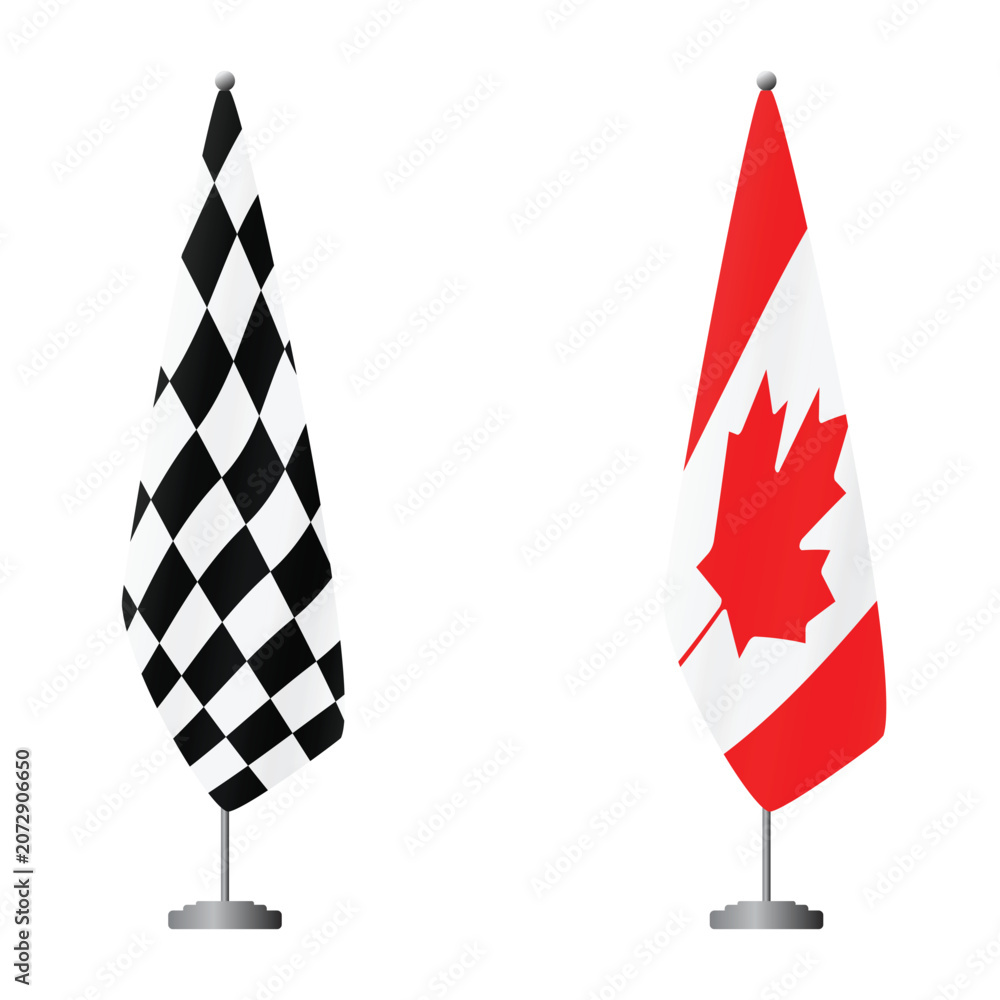 Obraz premium Checkered and Canada flags on flagpoles for official ceremonies and meetings, transparent background vector