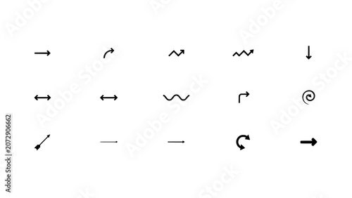 Arrows with Various Directions and Styles Arranged in a Grid Pattern Featuring Direction, Symbols, Black with Design and Vector