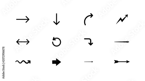 Arrow Symbols Set of Various Directional Icons Showing Movement, Curves, Double Arrows, and Different Arrowheads on White