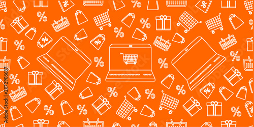 Ecommerce shopping doodle seamless pattern. Online store and retail line art pattern background. Hand drawn shopping icons repeat background. 