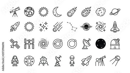 Slika na platnu Modern line art icons representing various elements of space exploration astrono