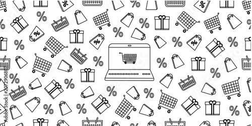 Ecommerce shopping doodle seamless pattern. Online store and retail line art pattern background. Hand drawn shopping icons repeat background. 