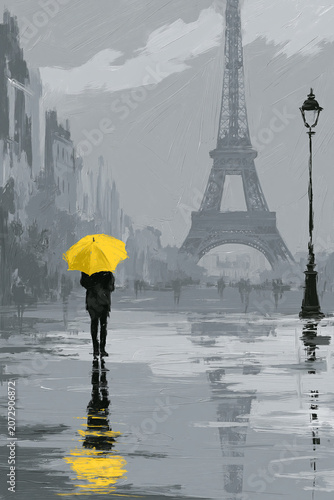 Yellow Umbrella in Rainy Paris with Eiffel Tower – Impressionist Cityscape