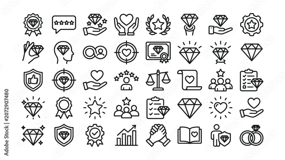 Obraz premium Black line icons of awards hearts stars diamonds and hands on white background for graphic design business and quality concepts