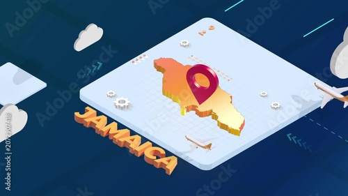 Isometric 3D Render of Jamaica Map with Red Location Pin Pointer and Floating Airplanes