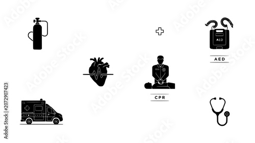 Stethoscope Vector Icon Set Showing Medical Care, Health Check Symbols, Pharmacy, Ambulance, and Doctor Sign Graphics