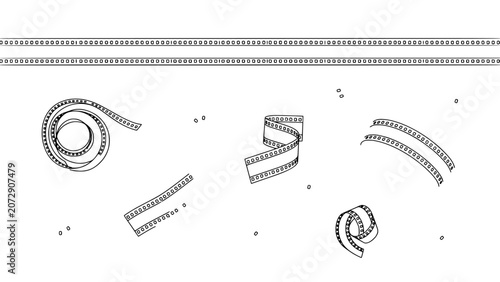 Film Strips in Various Shapes and Positions on a White Background Featuring Photography, Cinema, Movie with Reel and Editing