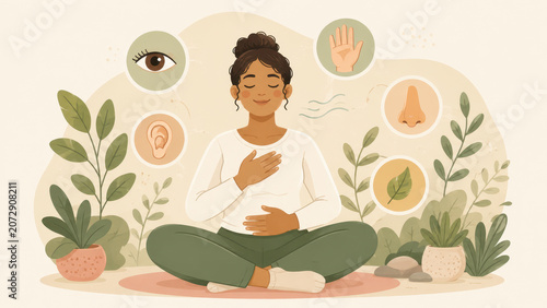 Wellness routine illustration showing meditation with symbols for hydration, walking, sleep, nature, and breathing as grounding habits.