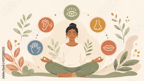 Wellness routine illustration showing meditation with symbols for hydration, walking, sleep, nature, and breathing as grounding habits.