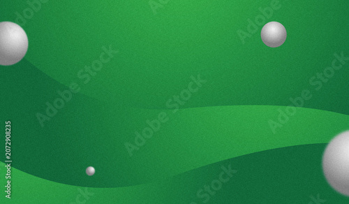 Foto Grainy textured green abstract gradient background featuring fluid layered waves, floating 3D spheres for a modern commercial backdrop