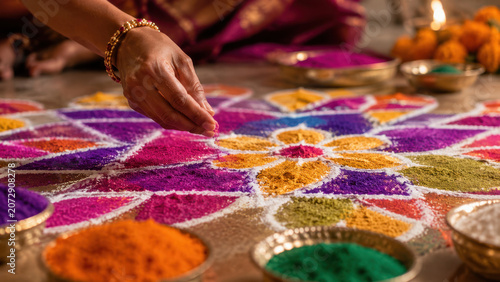 Colorful Flower Rangoli With Oil Lamps for Festival Celebration