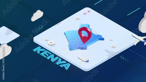 Isometric 3D Render of Kenya Map with Red Location Pin Pointer and Floating Airplanes