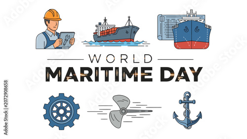 Картината върху платно World Maritime Day Celebration: A visual tribute to global maritime industry, featuring cargo ships, a port worker, ship propeller, anchor, and gear