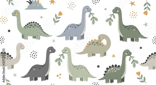 Cute Dinosaurs Seamless Pattern - Children's Cartoon Illustration