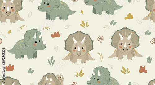 Cute Dinosaurs Seamless Pattern: Kawaii Triceratops, Baby Dino, Tropical Leaves