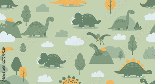 Cute dinosaurs pattern, prehistoric landscape, child drawing style, seamless background