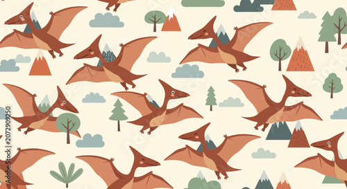 Cute Pterodactyls Flying Seamless Pattern - Cartoon Dinosaur Illustration