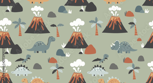 Dinosaur Volcano Pattern: Cute Dinosaurs and Erupting Volcanoes Seamless Background