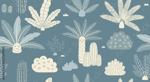 Whimsical Desert Plants Pattern - Cactus, Palm Tree, Succulents Illustration