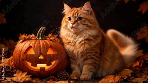 Fluffy ginger cat sitting beside glowing Halloween pumpkin with autumn leaves in cozy festive evening scene