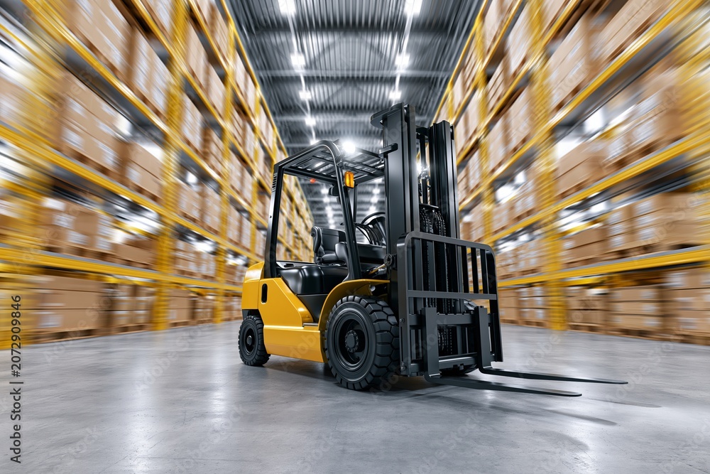 Naklejka premium Forklift Moving Through Organized Warehouse with Stacked Boxes Efficient Logistics and Storage System