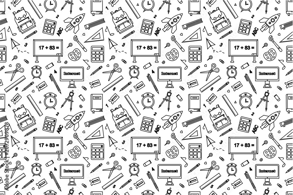 Fototapeta premium School themed doodles seamless pattern. School supplies pattern in doodle style. Back to school seamless pattern background. School elements doodle pattern background.